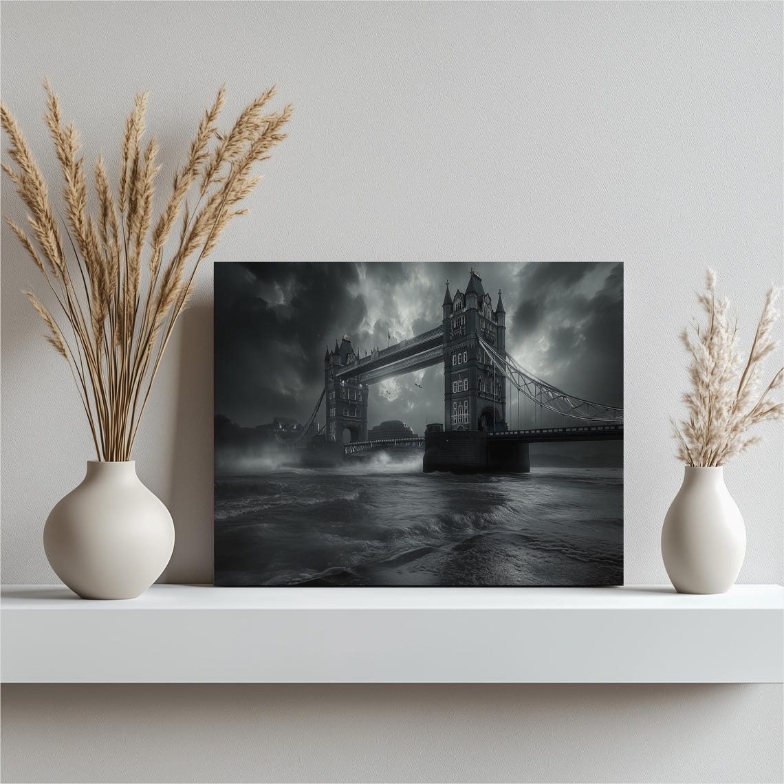 Tower Bridge London Stormy Moody Black And White River Poster