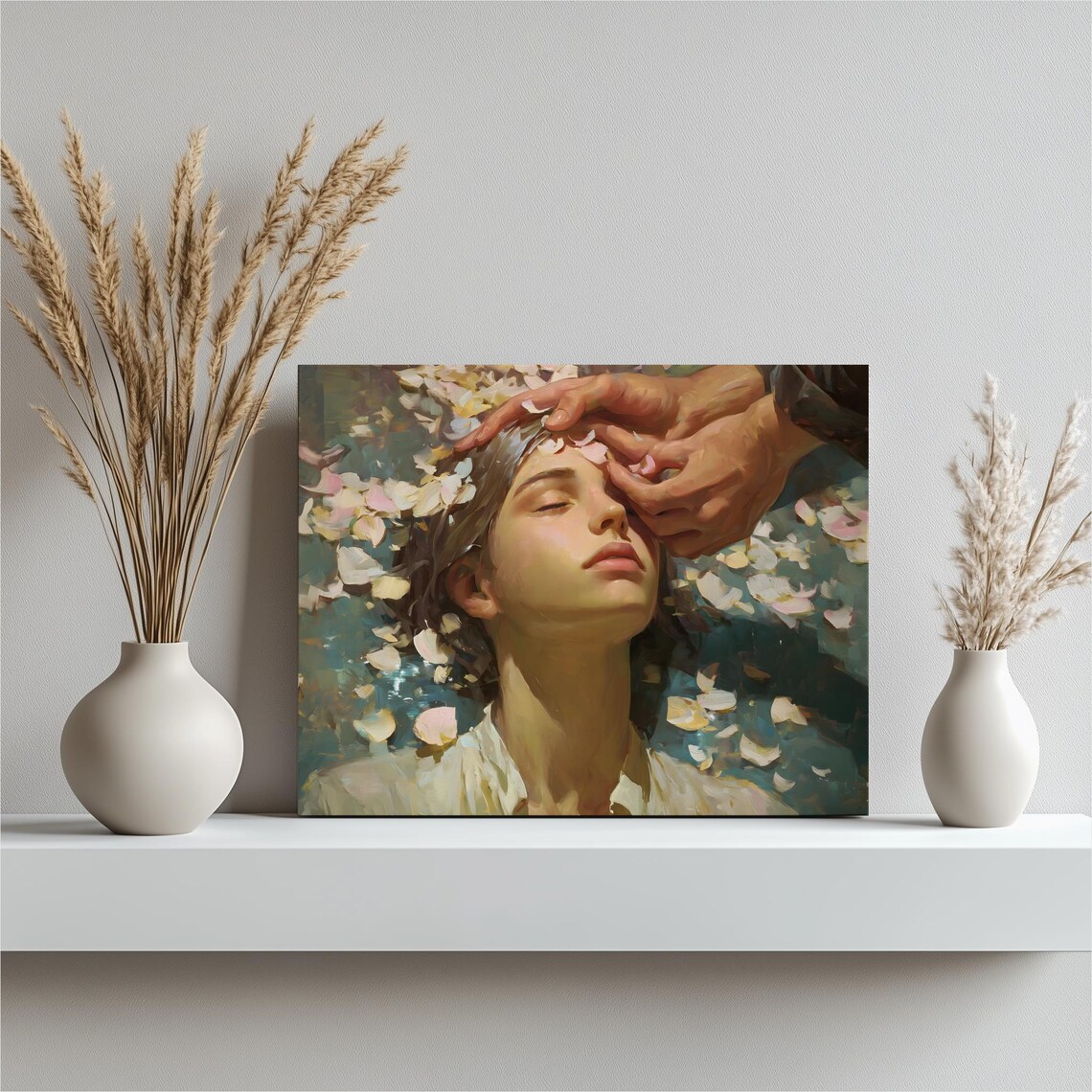 Woman with Flower Petals Romantic Portrait Oil Painting Wall Art