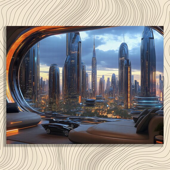 Futuristic Cityscape Canvas Wall Art Artwork Sci Fi Future City Print Decor Blue Orange Gift For Designers Tech Enthusiasts