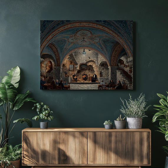 Medieval Music Canvas Wall Art Stone Tavern Live Decor Print Historic Acoustic Folk Band Scene Rustic Gothic Illustration