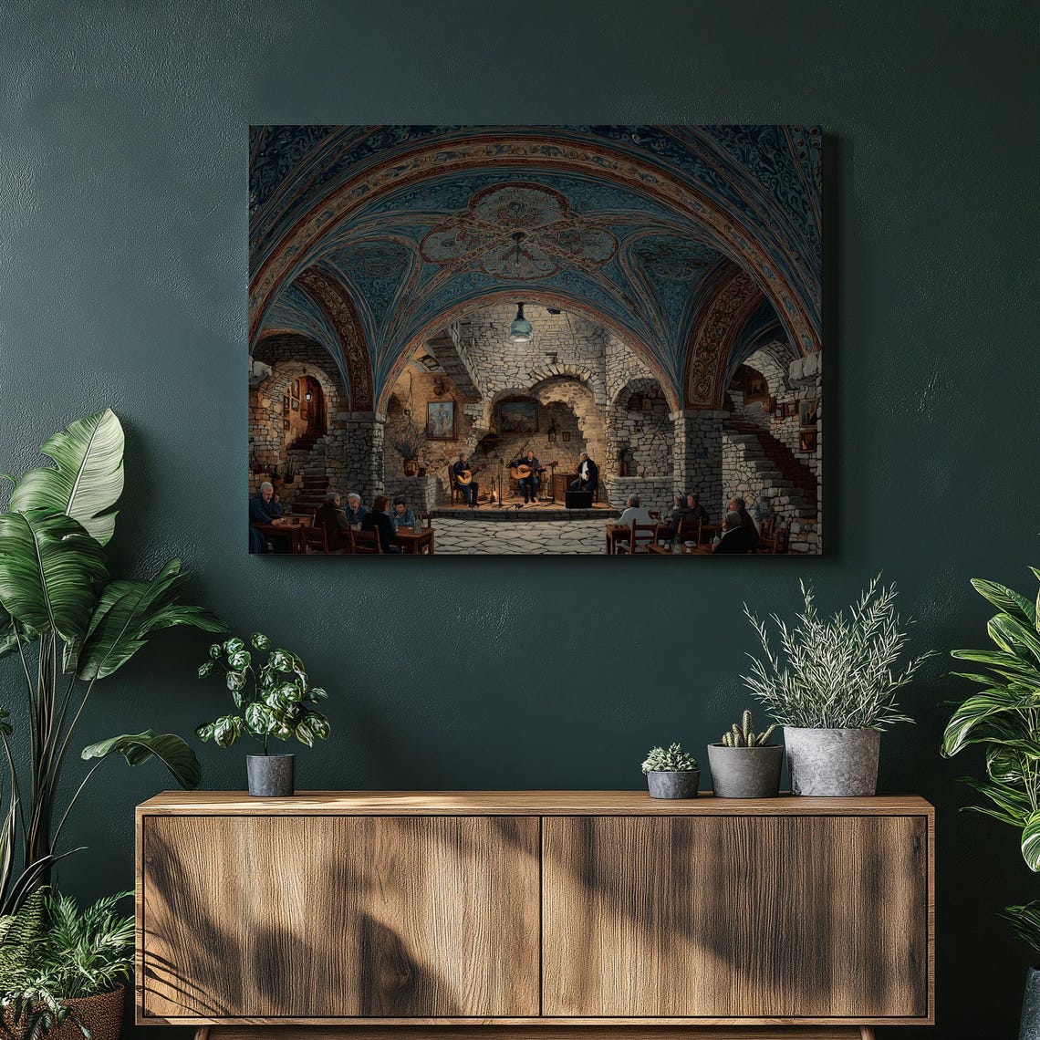 Medieval Music Canvas Wall Art Stone Tavern Live Decor Print Historic Acoustic Folk Band Scene Rustic Gothic Illustration