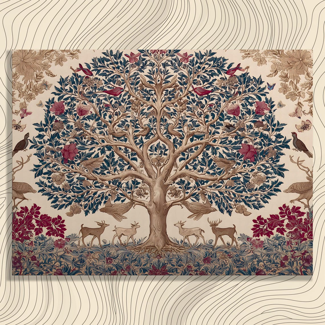 Tree of Life Botanical Wildlife Tapestry Style Vintage Wall Art