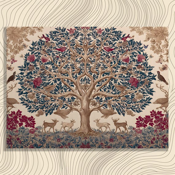 Tree Of Life Canvas Wall Art Botanical Wildlife Print With Birds Butterflies And Deer Floral Pattern Neutral Beige Boho Traditional