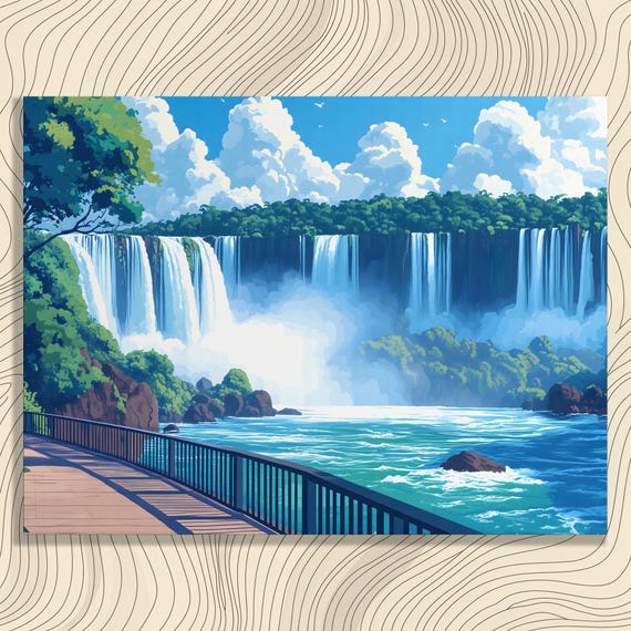 Vibrant Waterfall Canvas Wall Art Modern Nature Print Forest Landscape Watercolor Scenery Decor River Outdoor