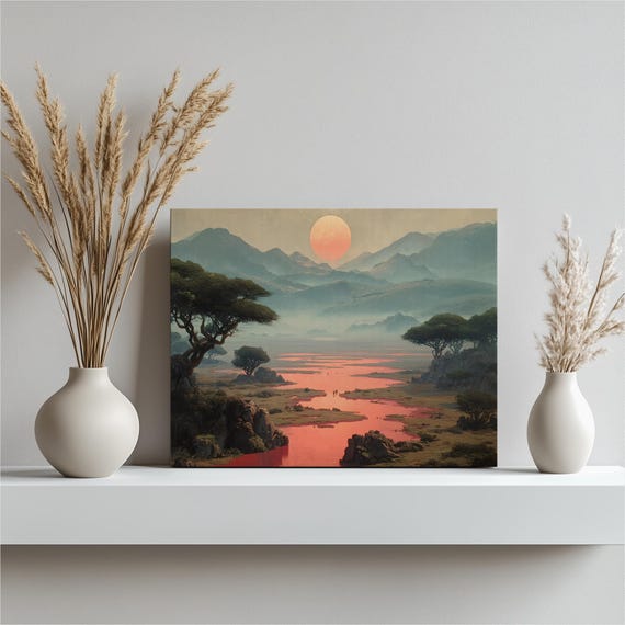 Vibrant Sunset Landscape Canvas Wall Art Surreal Mountain River Horizon Pink Sky Nature Print Modern Abstract Scenery Gift Artwork