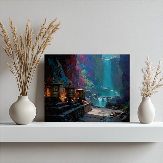 Tibetan Prayer Wheels Canvas Wall Art Buddhist Temple Waterfall Print Spiritual Decor Meditative Landscape Colorful Nature Mountain Scene