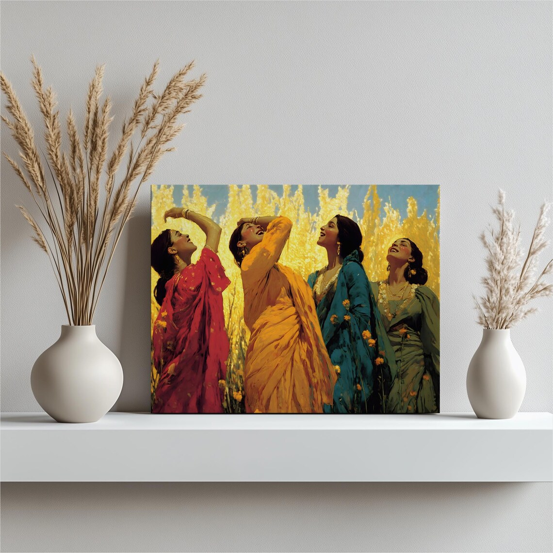 Dancing Women Colorful Saris Golden Field Joyful Canvas Poster