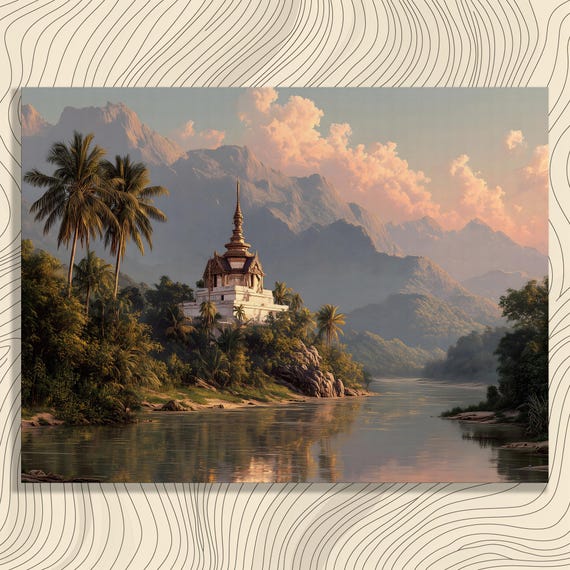 Tropical Pagoda Sunset Canvas Wall Art Serene River Temple Print Palm Trees Jungle Mountains Reflection Landscape Decor