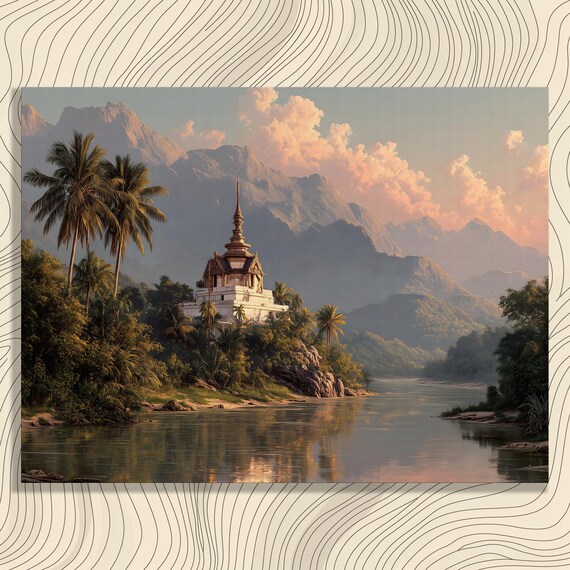 Tropical Pagoda Temple Sunset River Palms Mountains Serene Landscape Poster