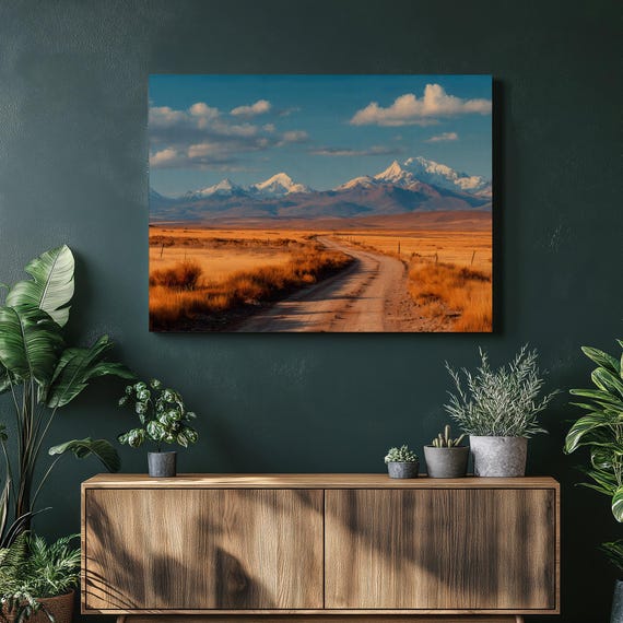 Mountain Landscape Canvas Wall Art Winding Dirt Road To Snow Capped Peaks Rustic Print Nature Decor Blue Sky Clouds Grassland