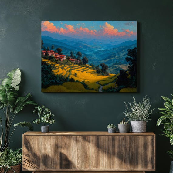 Stunning Rice Terraces Canvas Wall Art Hillside Landscape Painting Print Golden Field Panorama Mountain Valley Scenery Decor
