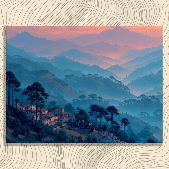 Misty Mountain Village Canvas Wall Art Mountains Landscape Print Blue Orange Sunset Sky Pine Trees Modern Nature Decor