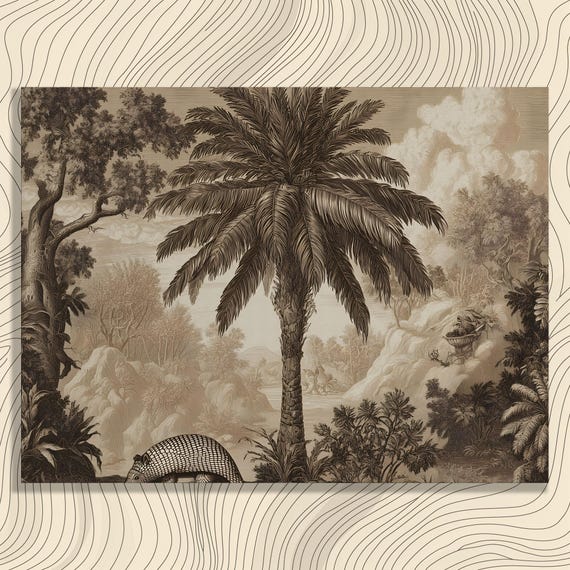 Armadillo Jungle Vintage Canvas Wall Art Sepia Engraving Wildlife Scene Palm Tree Tropical Forest River Rustic Nature Illustration Print