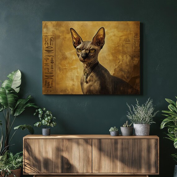 Sphynx Cat Golden Egyptian Hieroglyph Portrait Feline Art Wall Decor Poster