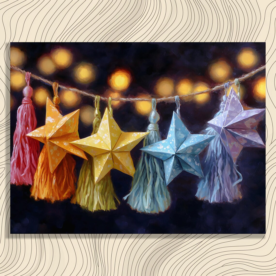 Origami Star Garland Colorful Paper Tassels Festive Holiday Poster
