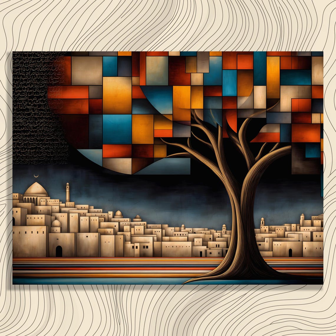 Arabic Calligraphy Geometric Moonlit Old City Night Art Poster