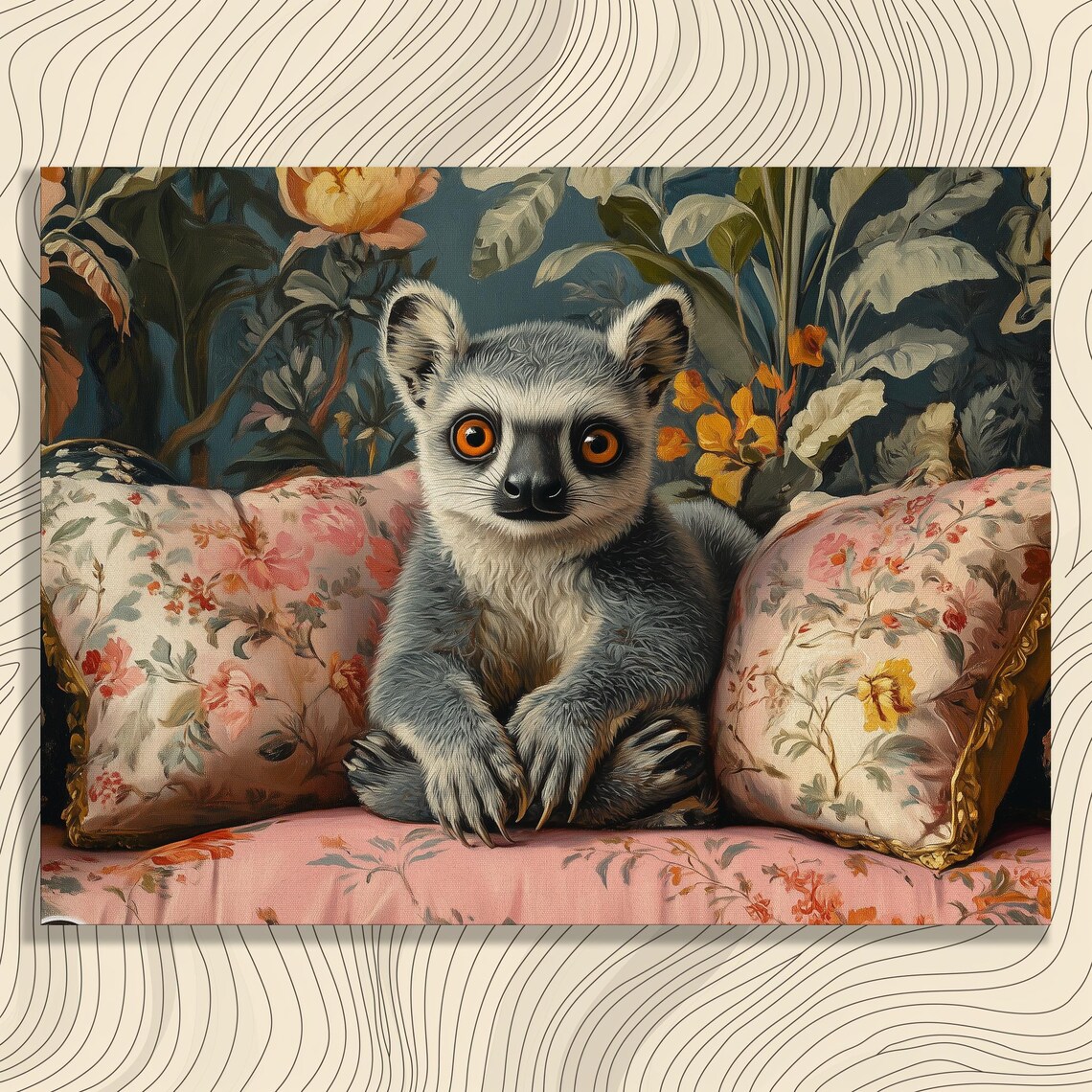 Baby Galago Bush Baby On Floral Sofa Tropical Jungle Portrait Poster