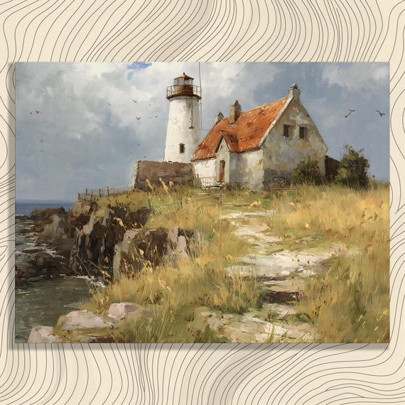 Lighthouse Coastal Seascape Canvas Wall Art Nautical Decor Ocean Landscape Painting Cottage Rocky Shoreline Traditional