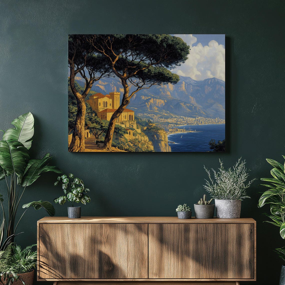 Mediterranean Coastal Villa Pine Trees Mountain Sea Landscape Print