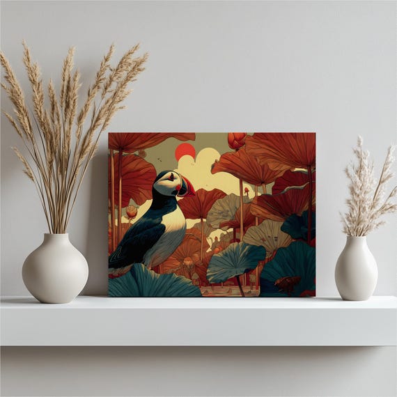 Puffin Pond Canvas Wall Art Modern Botanical Nature Print Lily Pad Aquatic Seabird Illustration Reflective Water Colorful Decor
