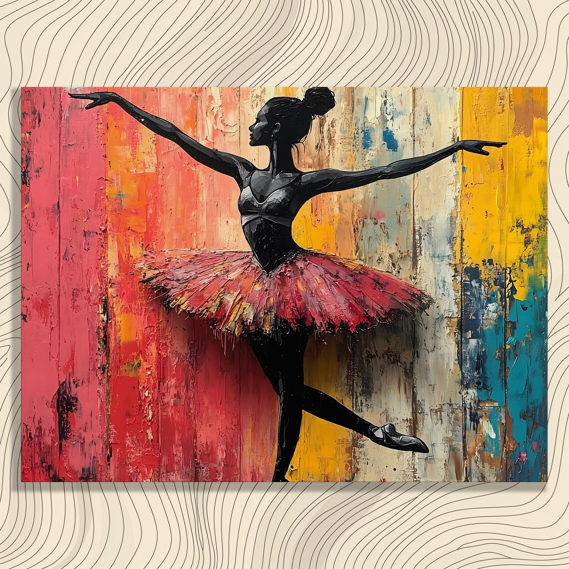Ballerina Canvas Wall Art Graceful Ballet Dancer Silhouette In Red Tutu With Abstract Textured Background For Dance Studio Decor