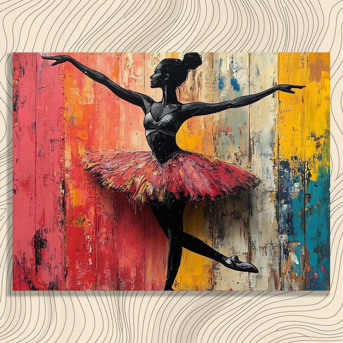 Ballerina Silhouette Pink Tutu Colorful Painted Wood Wall Poster