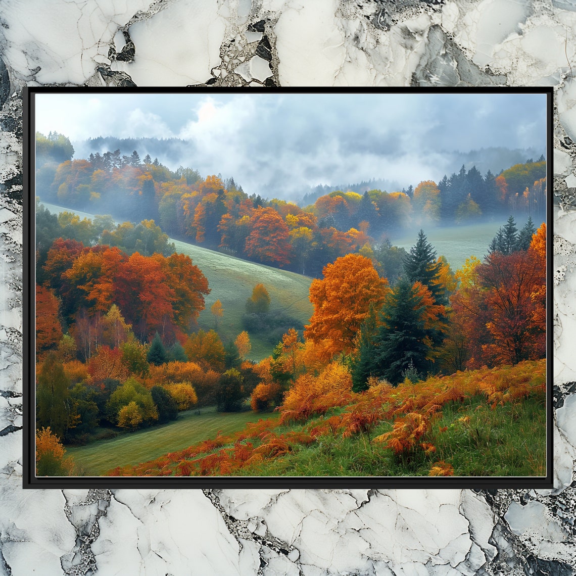 Misty Autumn Forest Orange Trees Foggy Hillside Photo Poster