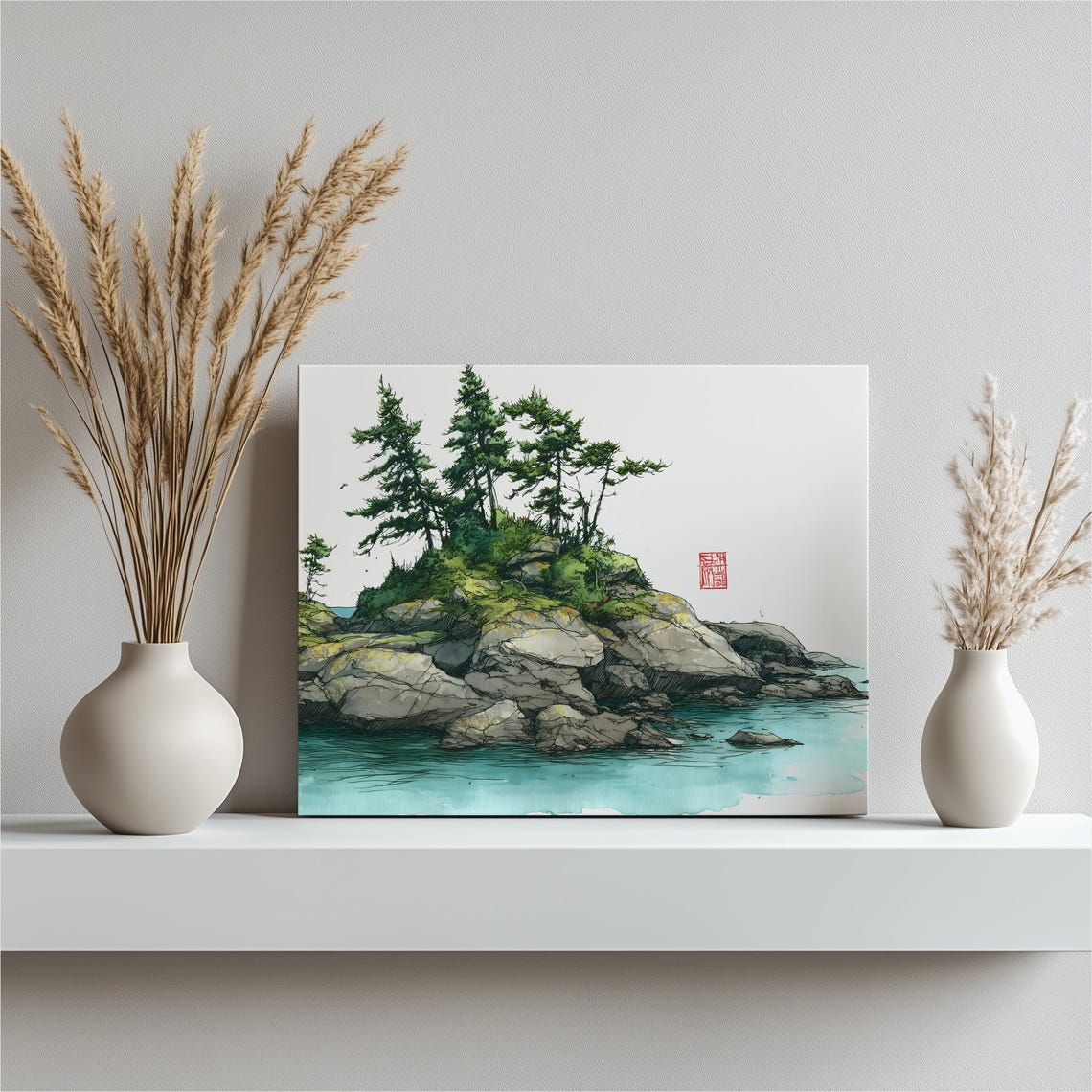 Rocky Island Pine Tree Watercolor Canvas Wall Art Serene Coastal Scene