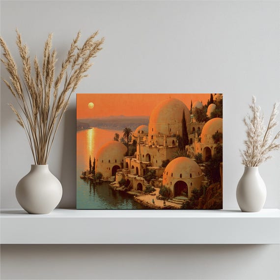 Sunset Nile River Canvas Wall Art Traditional Desert Townscape Domed Architecture Palm Artwork Riverside Ancient Era Ruins Landscape Print