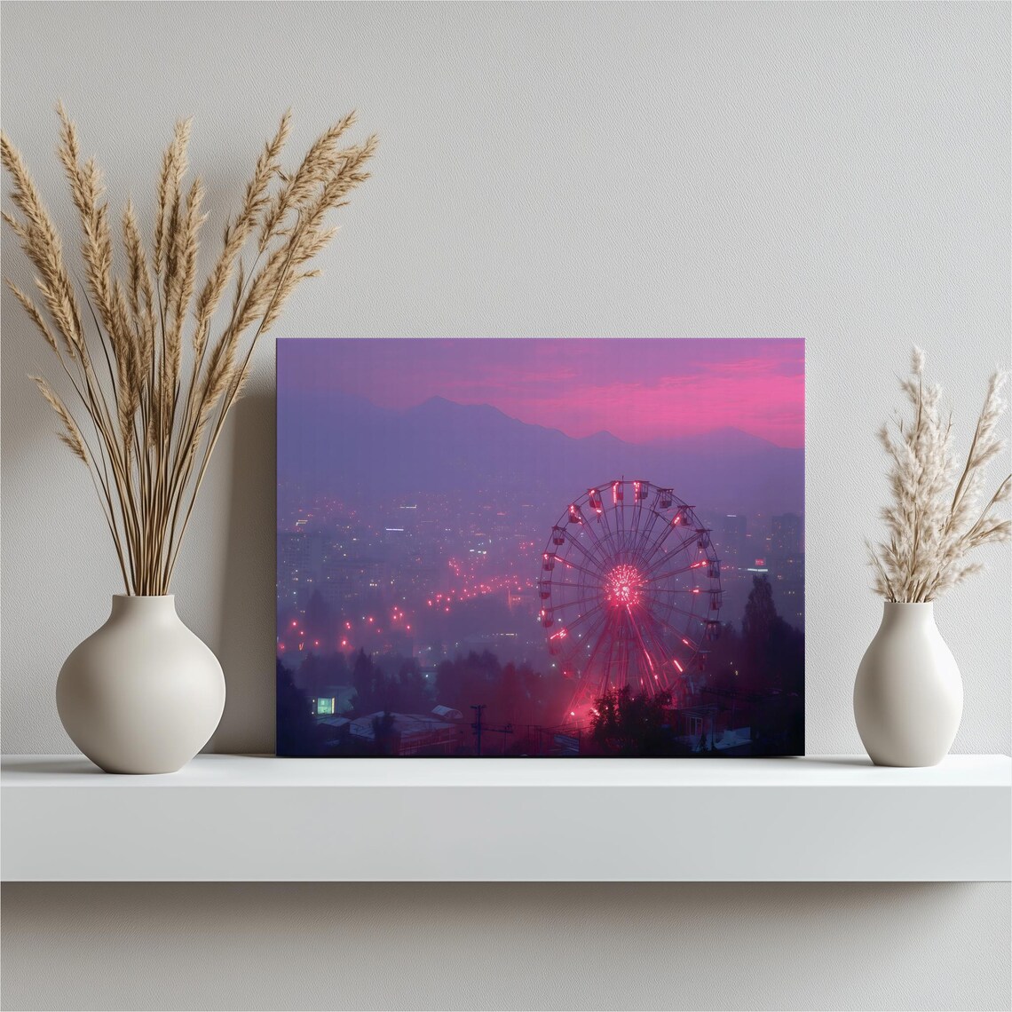 Neon Ferris Wheel Night City Skyline Pink Purple Urban Amusement Print