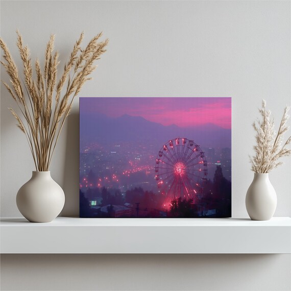 Neon City Ferris Wheel Canvas Wall Art Mesmerizing Night Skyline Print Vibrant Urban Amusement Park Decor Modern Cityscape Artwork