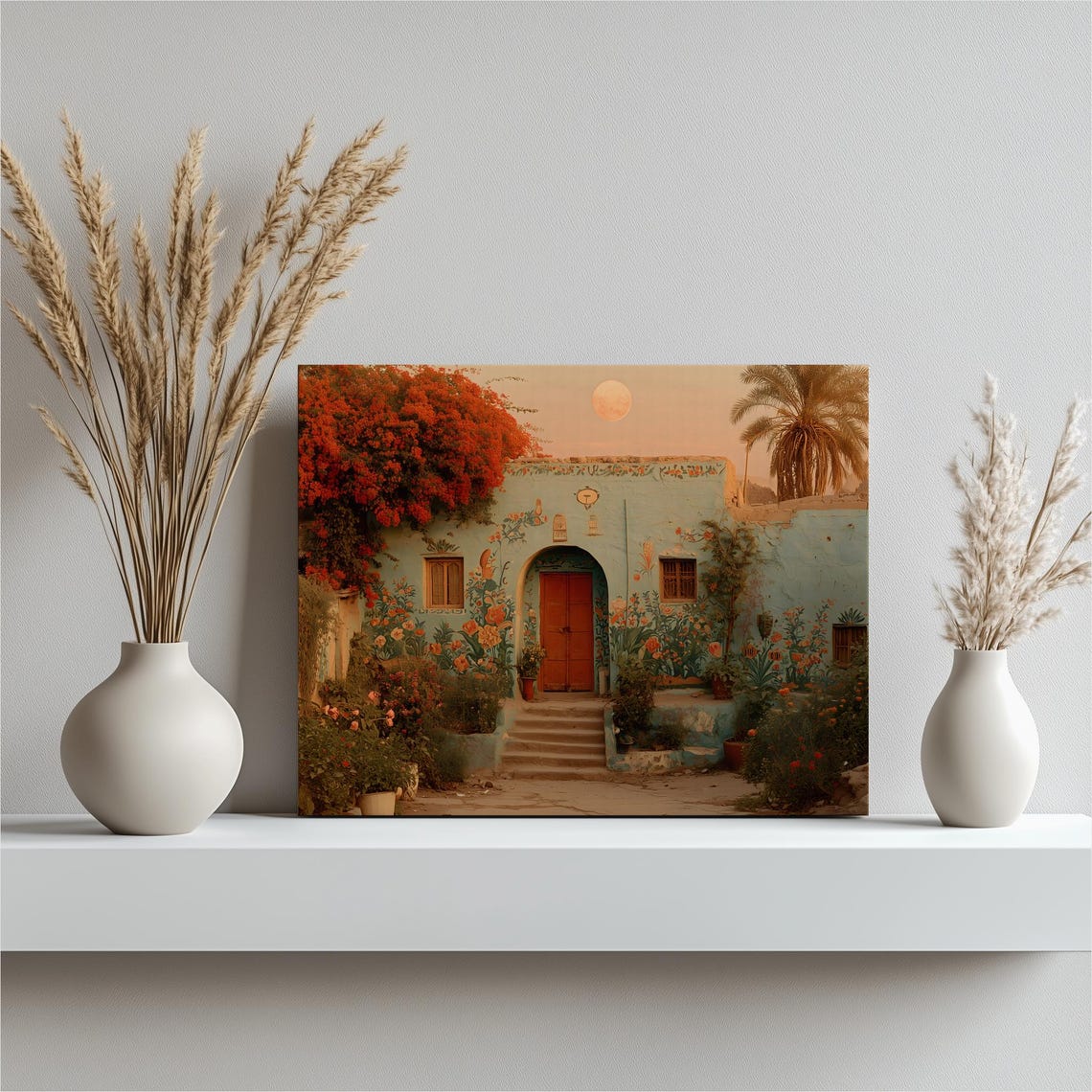 Turquoise House Red Door Bougainvillea Palm Tree Boho Canvas Poster