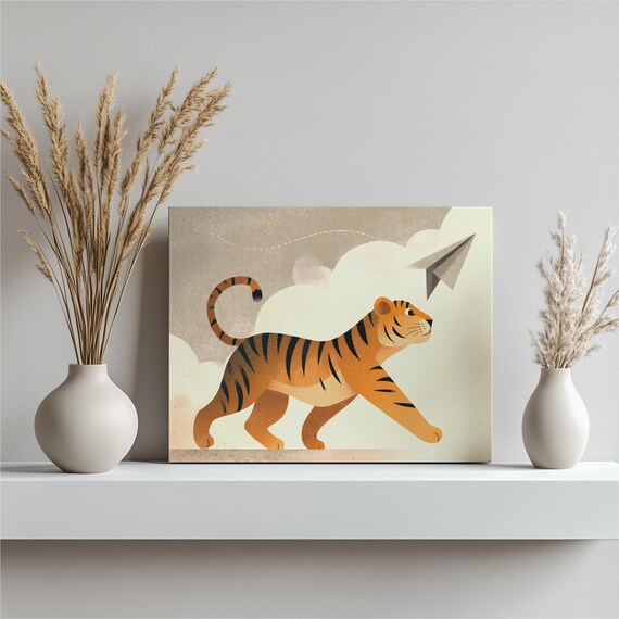 Playful Tiger Paper Plane Whimsical Kids Safari Nursery Art Poster