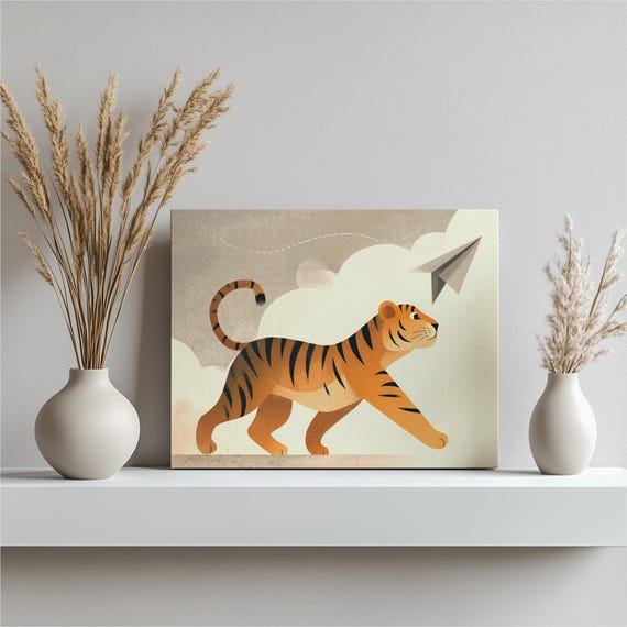 Tiger Canvas Wall Art Whimsical Safari Print Adventure Decor Nursery Gift Animal Lover Birthday Present Wildlife Poster Painting