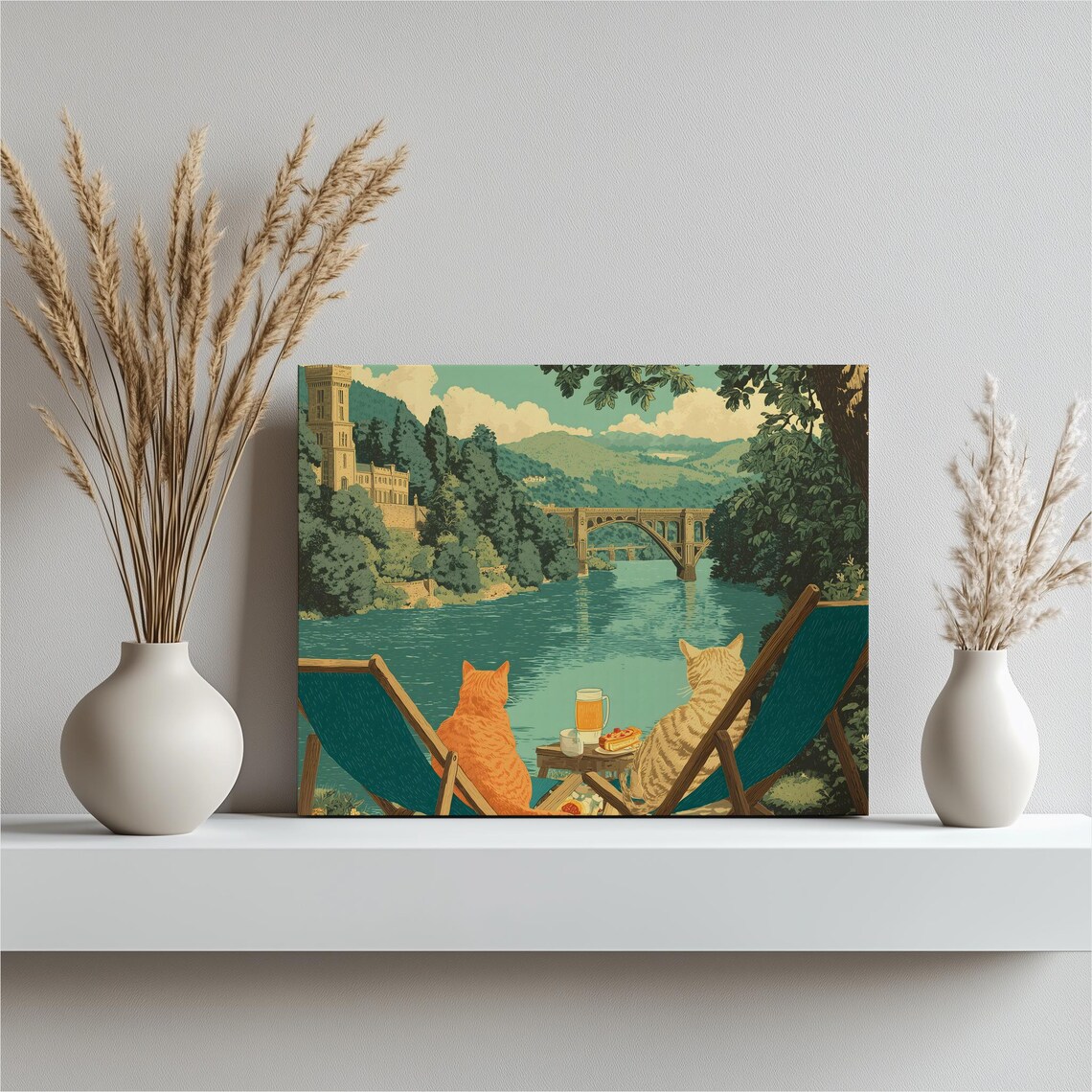 Cozy Cats Riverside Deck Chairs Vintage Whimsical Art Poster