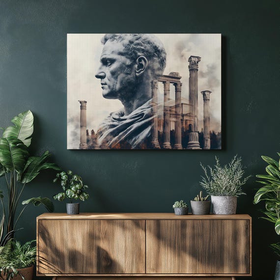 Ancient Roman Bust Canvas Wall Art Marble Statue Portrait With Classical Columns And Ruins Historic Architecture Decor Print For Home