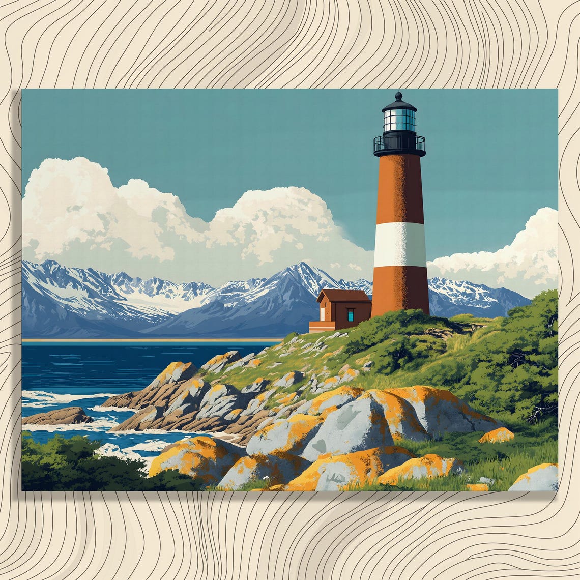 Vintage Lighthouse Retro Travel Style Coastal Mountain Poster