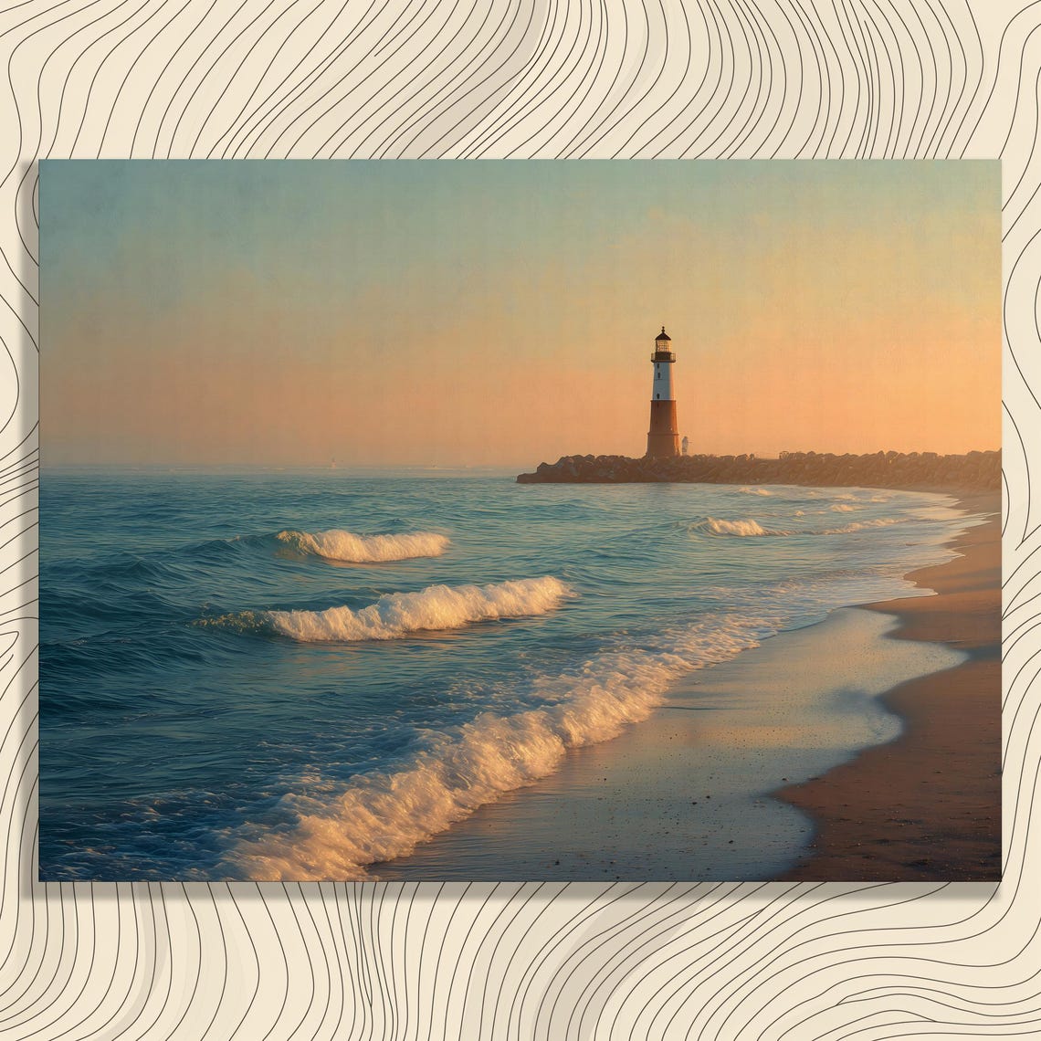 Lighthouse Sunset Golden Waves Beach Seascape Painting Print