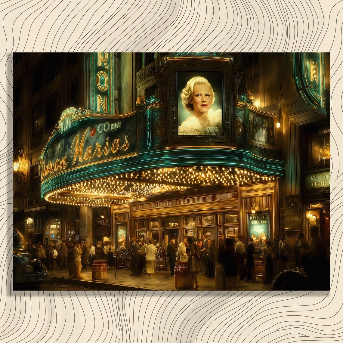 Vintage Movie Theater at Night Canvas Wall Art Deco Cinema Marquee Glow