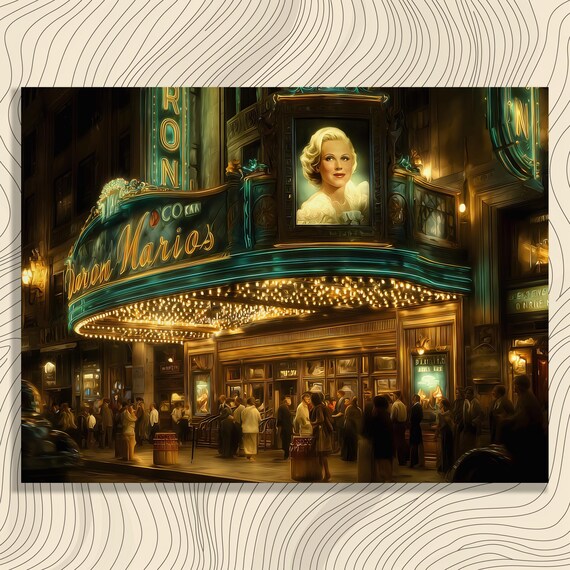 Vintage Movie Theater at Night Canvas Wall Art Deco Cinema Marquee Glow