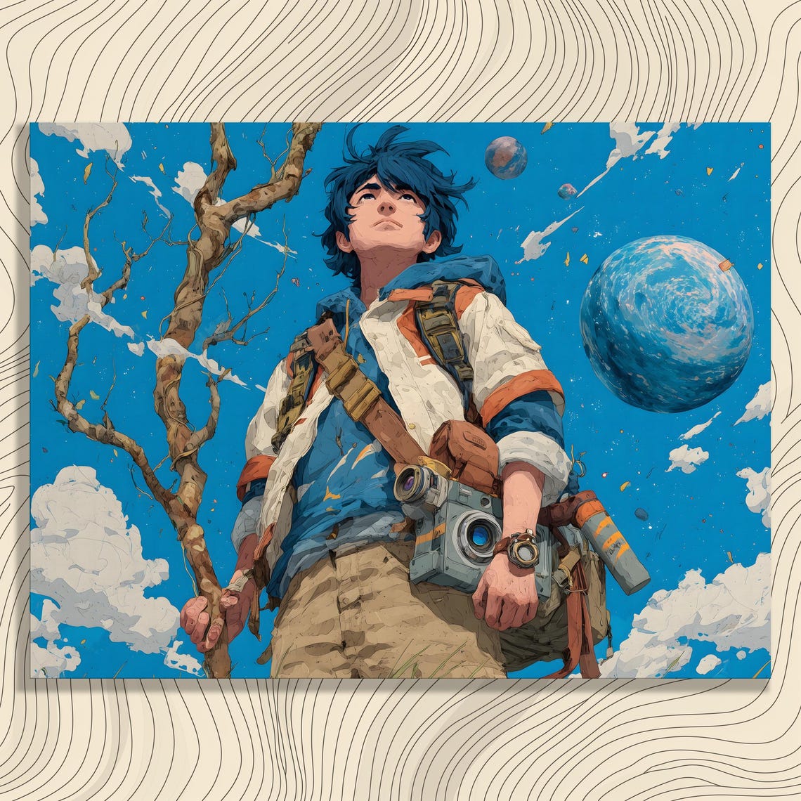 Anime Boy Adventure Camera Planets Bright Blue Sky Art Poster