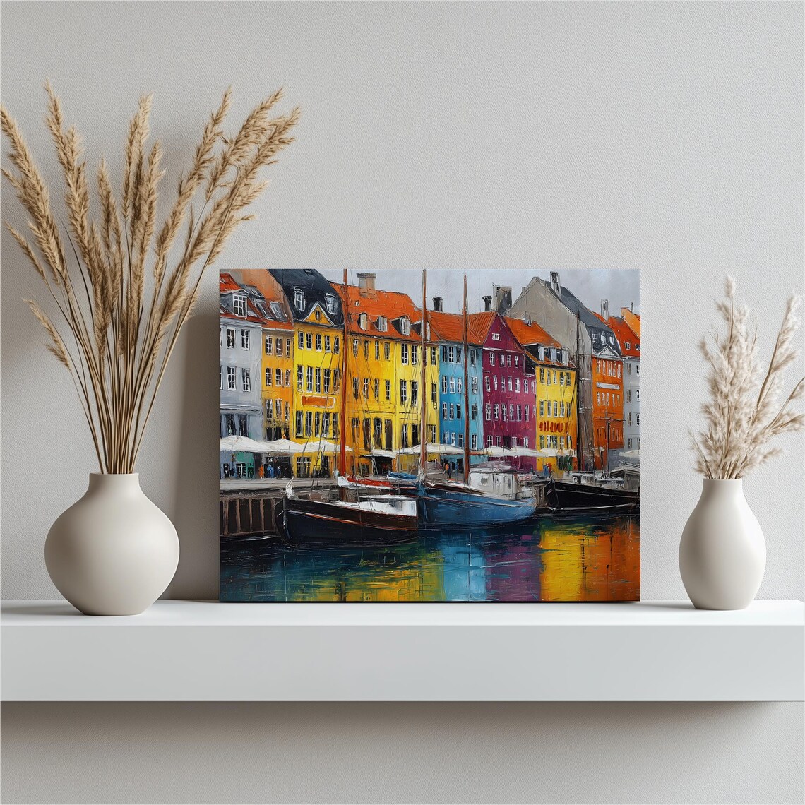 Colorful European Harbor Town Waterfront Boats Oil Painting Poster