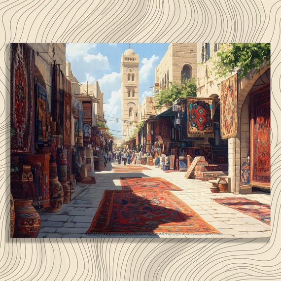Vibrant Market Scene Canvas Wall Art Bohemian Bazaar Print Vintage Rugs Decor Oriental Carpets Illustration Historic Architecture