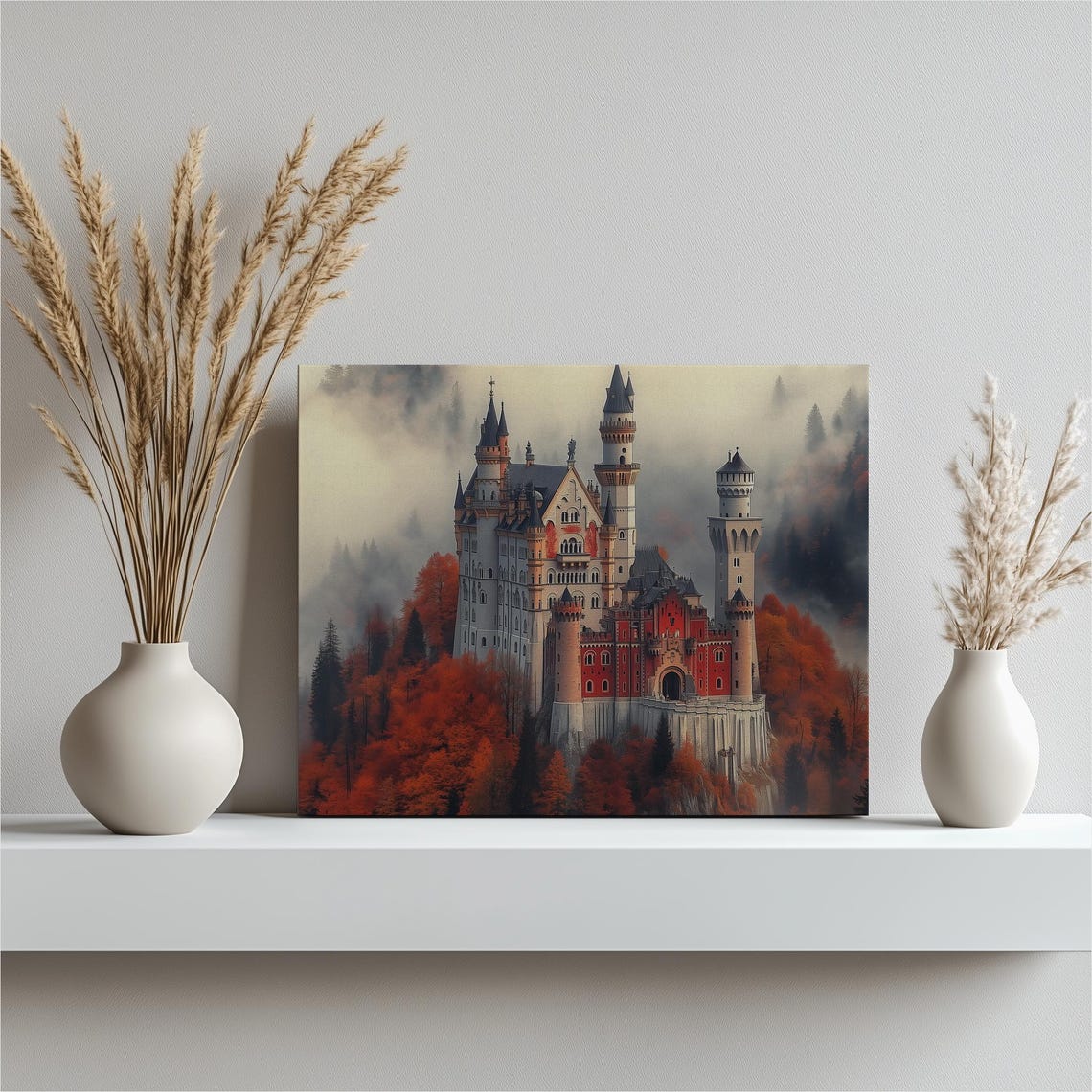 Neuschwanstein Castle Autumn Forest Landscape Art Mountain View Fairy Tale Fog Home Decor Fall Print Wall Artwork