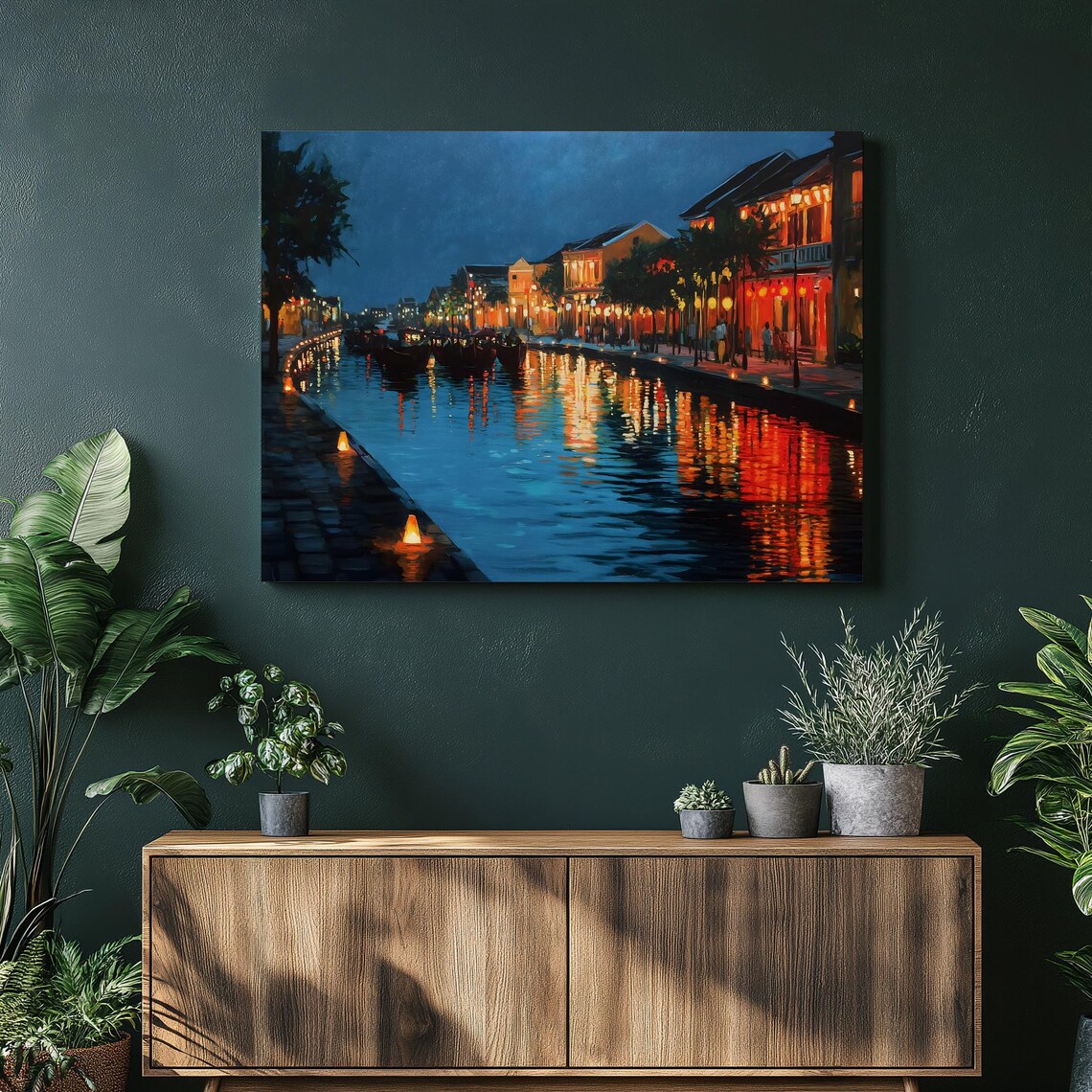 Lantern Lit Canal Canvas Wall Art Colorful Night Cityscape With Boats On Reflections Impressionist River Modern Decor Print