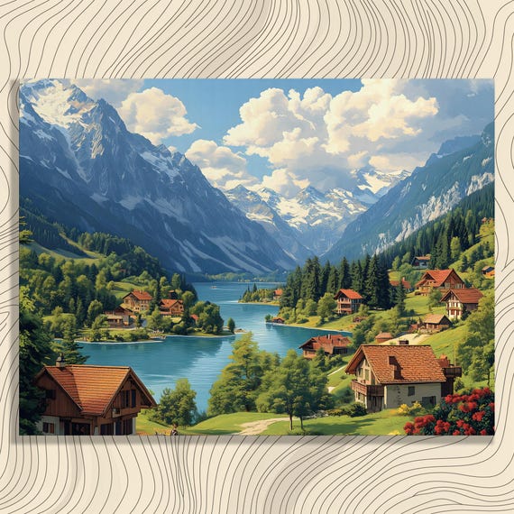 Serene Mountain Lake Canvas Wall Art Rocky Mountains Landscape Painting With Country Cottages And House Decor For Nature Lovers