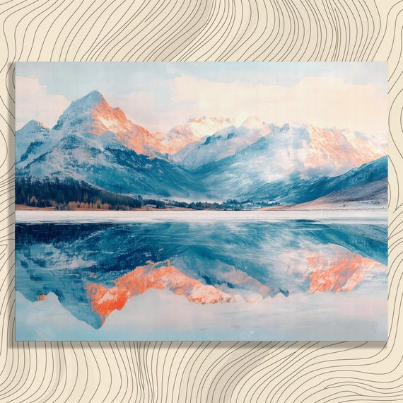 Mountain Lake Reflection Canvas Wall Art Serene Landscape Painting Watercolor Print Lakefront Modern Nature Decor