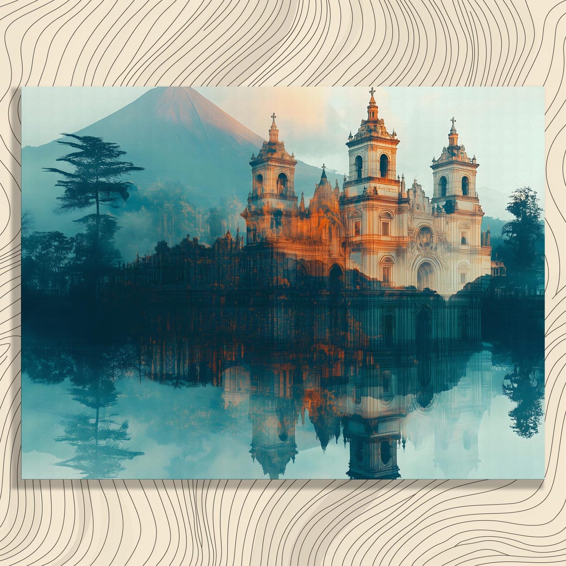 Surreal Cathedral Reflection Dreamlike Teal Double Exposure Poster