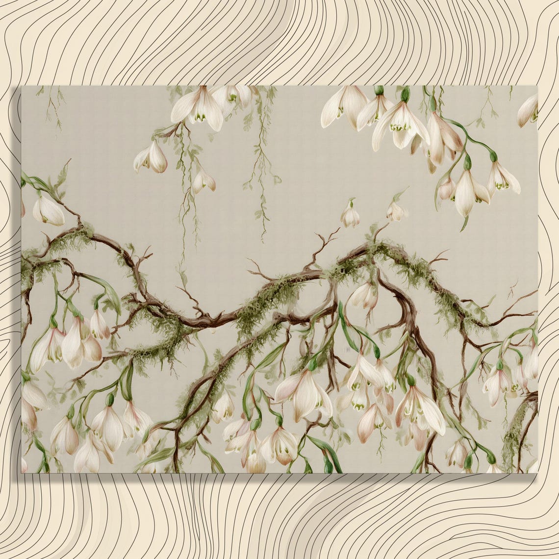 Snowdrop Botanical Canvas Wall Art Vintage Inspired Florals With Mossy Branches And White Bell Blooms Spring Decor Print