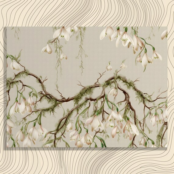 Snowdrop Botanical Vintage White Bell Blooms Moss Branch Poster